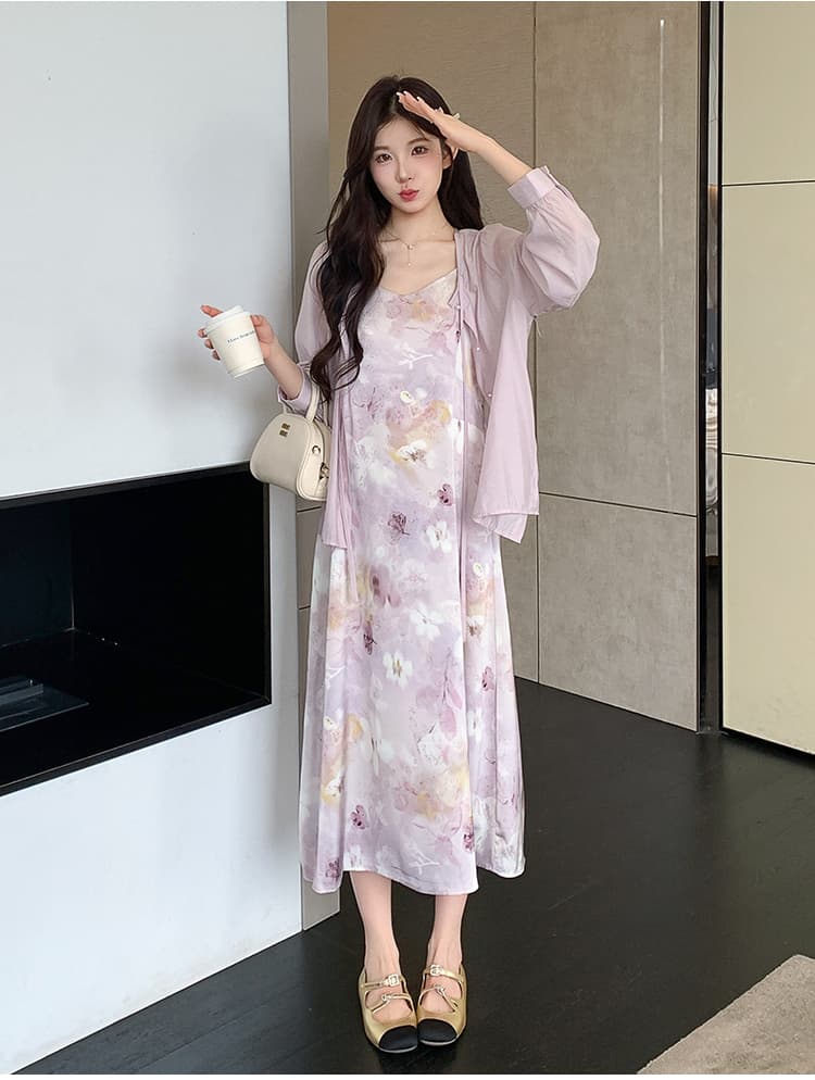 실사 지금 봄 여름 신제품 부드러운 바람 보라색 프린트 슬립 드레스 셔츠 오픈 가디건 세트 상세 이미지 19