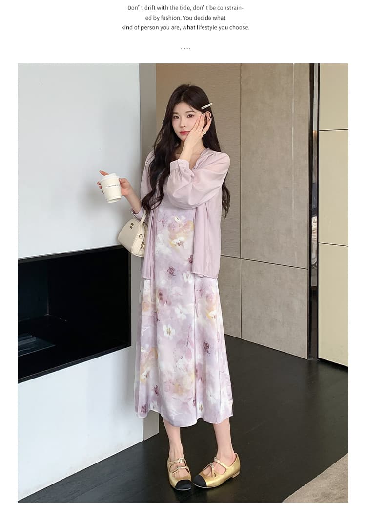 실사 지금 봄 여름 신제품 부드러운 바람 보라색 프린트 슬립 드레스 셔츠 오픈 가디건 세트 상세 이미지 21