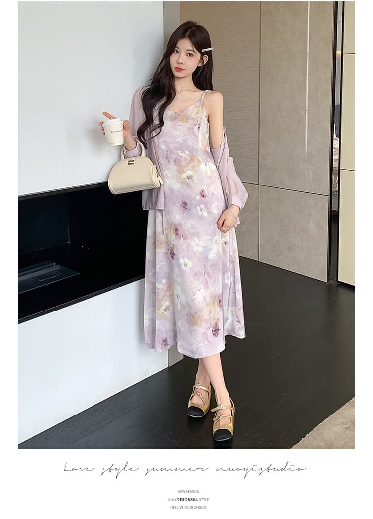 실사 지금 봄 여름 신제품 부드러운 바람 보라색 프린트 슬립 드레스 셔츠 오픈 가디건 세트 상세 이미지 22