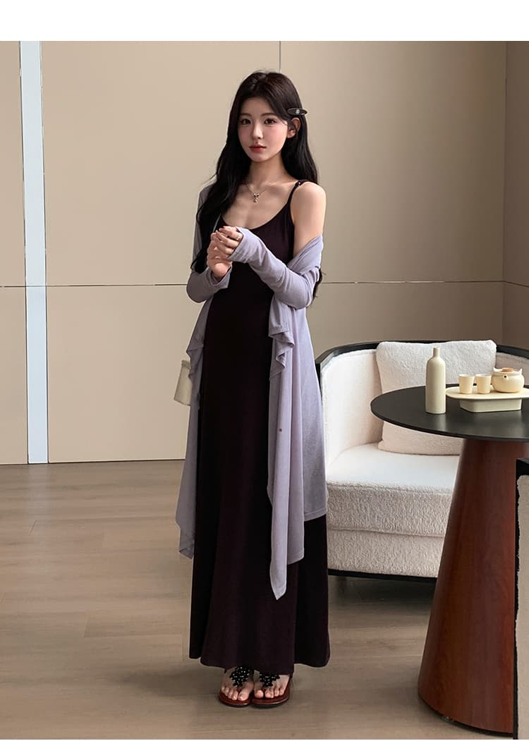 원본 지금 실사 여름 프랑스식 니트 오픈 가디건 슬립 드레스 투피스 세트 상세 이미지 18