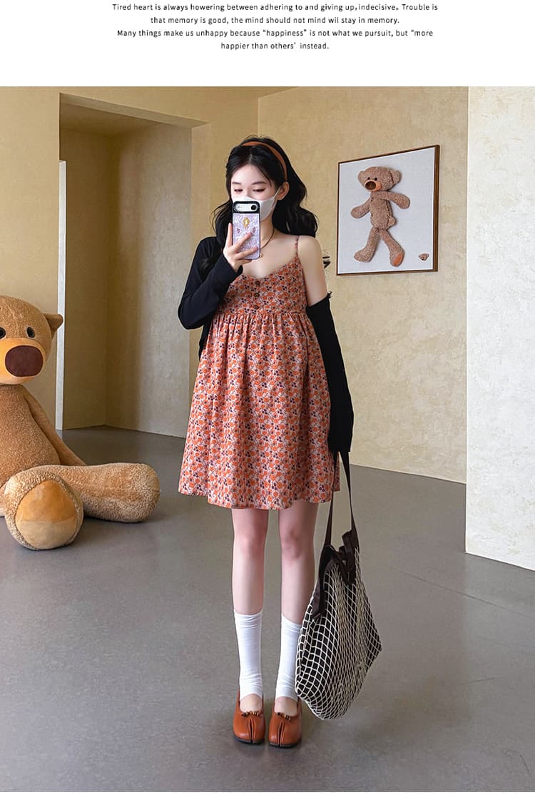 지금 실사 여름 V넥 레트로 꽃무늬 슬립 드레스 자외선 차단 오픈 가디건 세트 상세 이미지 10
