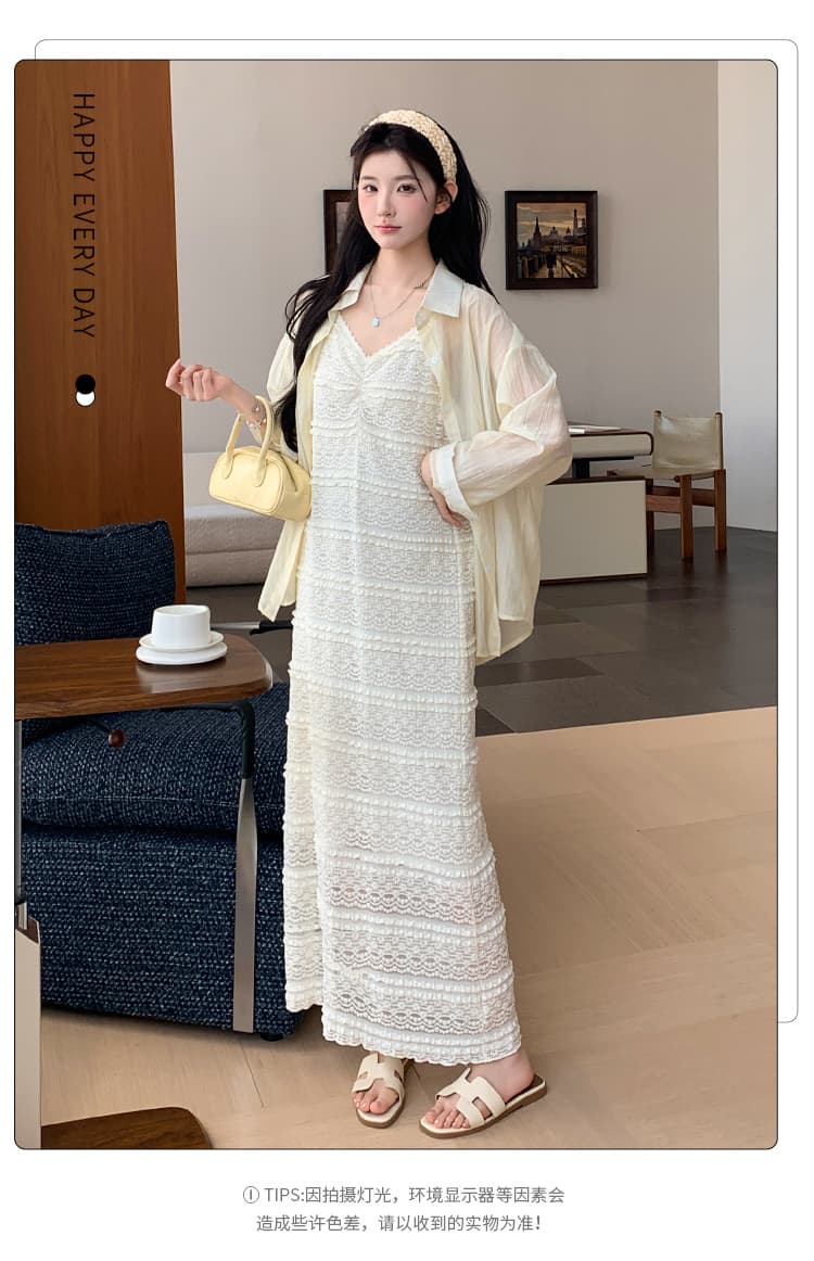 지금 실사 여름 한 부서 부드러운 바람 레이스 슬립 드레스 자외선 차단 오픈 가디건 세트 상세 이미지 4