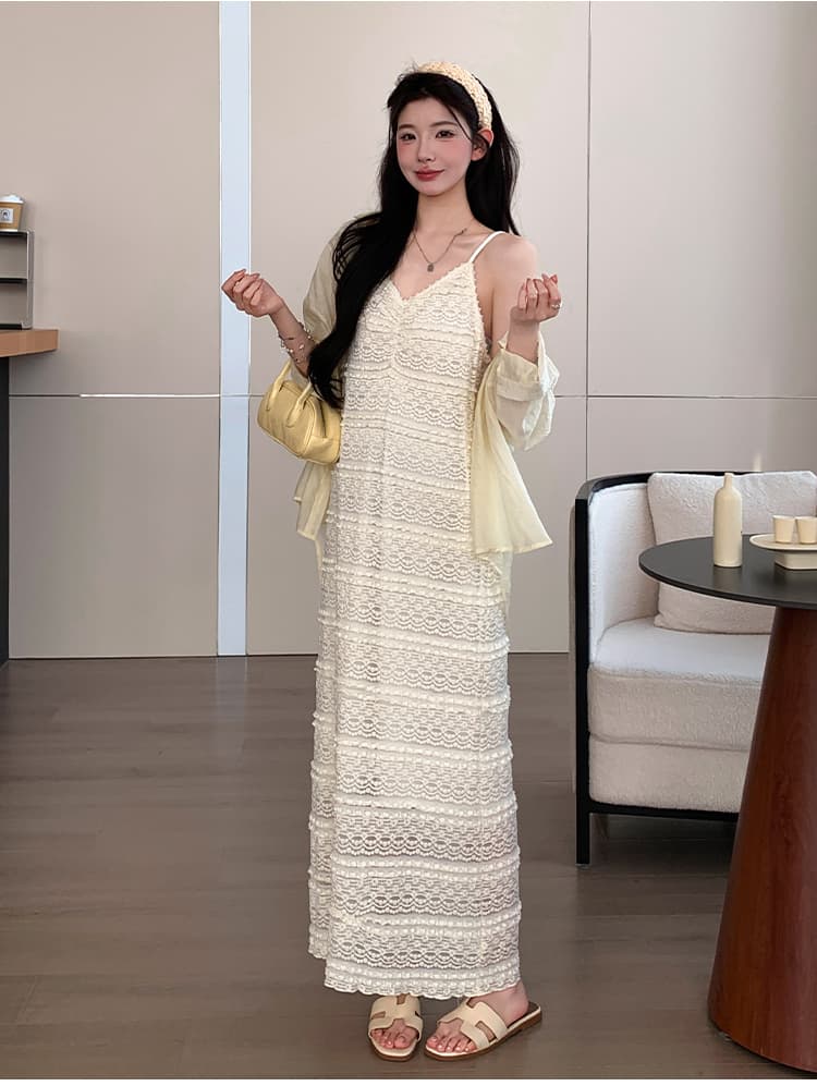 지금 실사 여름 한 부서 부드러운 바람 레이스 슬립 드레스 자외선 차단 오픈 가디건 세트 상세 이미지 13