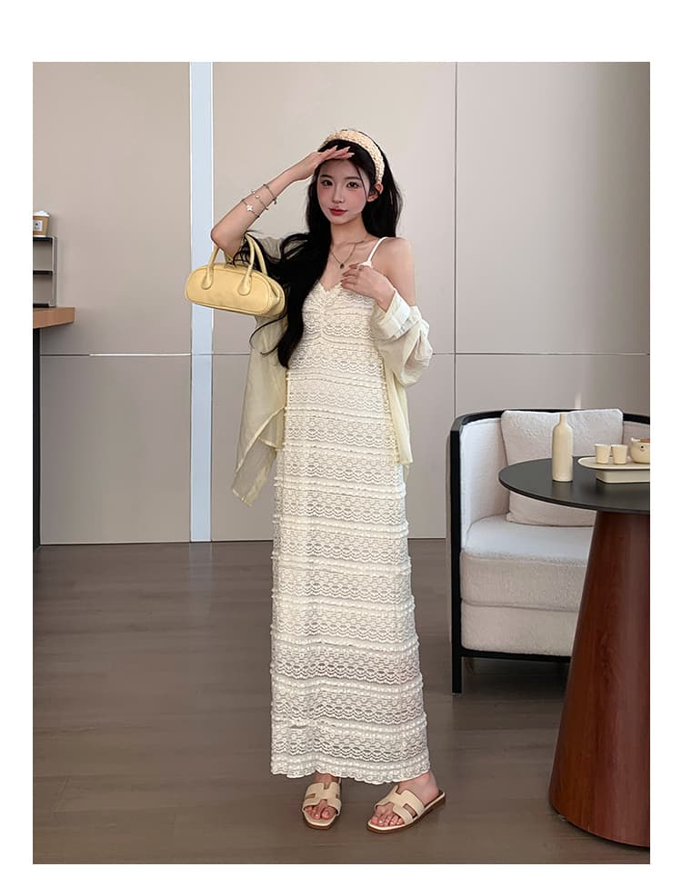 지금 실사 여름 한 부서 부드러운 바람 레이스 슬립 드레스 자외선 차단 오픈 가디건 세트 상세 이미지 15