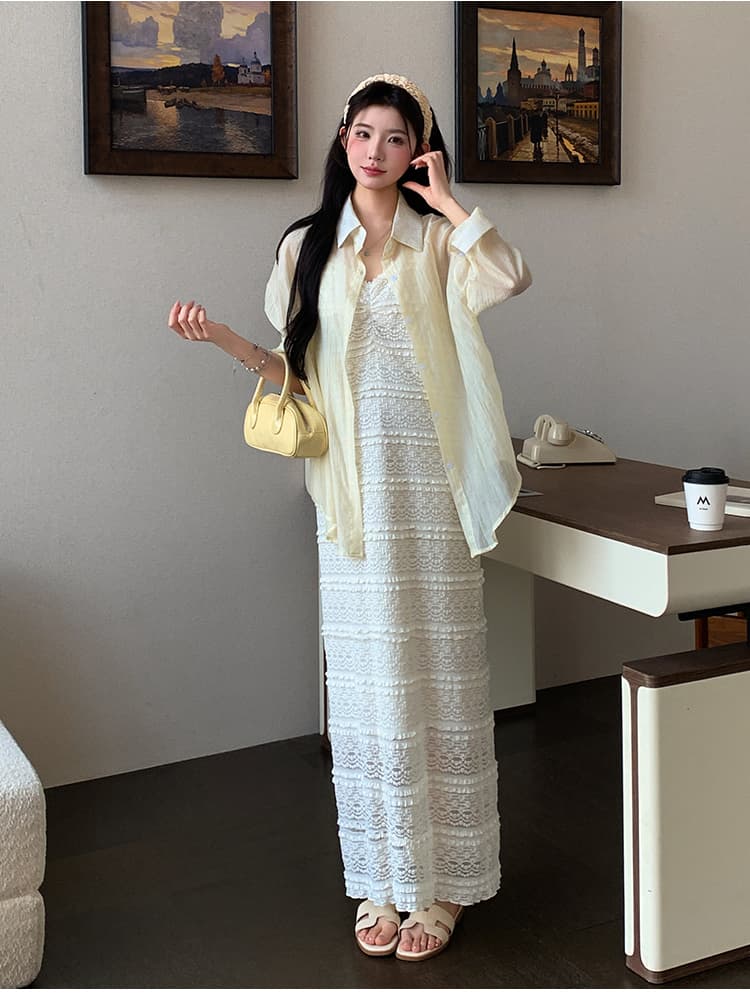 지금 실사 여름 한 부서 부드러운 바람 레이스 슬립 드레스 자외선 차단 오픈 가디건 세트 상세 이미지 19