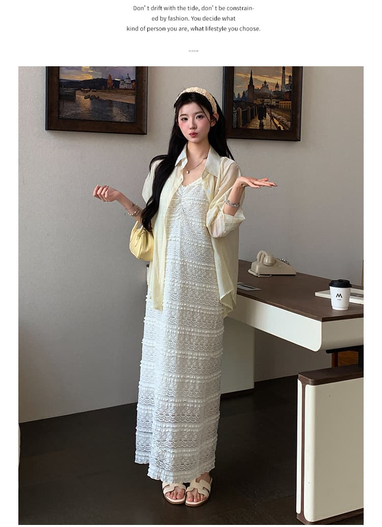지금 실사 여름 한 부서 부드러운 바람 레이스 슬립 드레스 자외선 차단 오픈 가디건 세트 상세 이미지 21