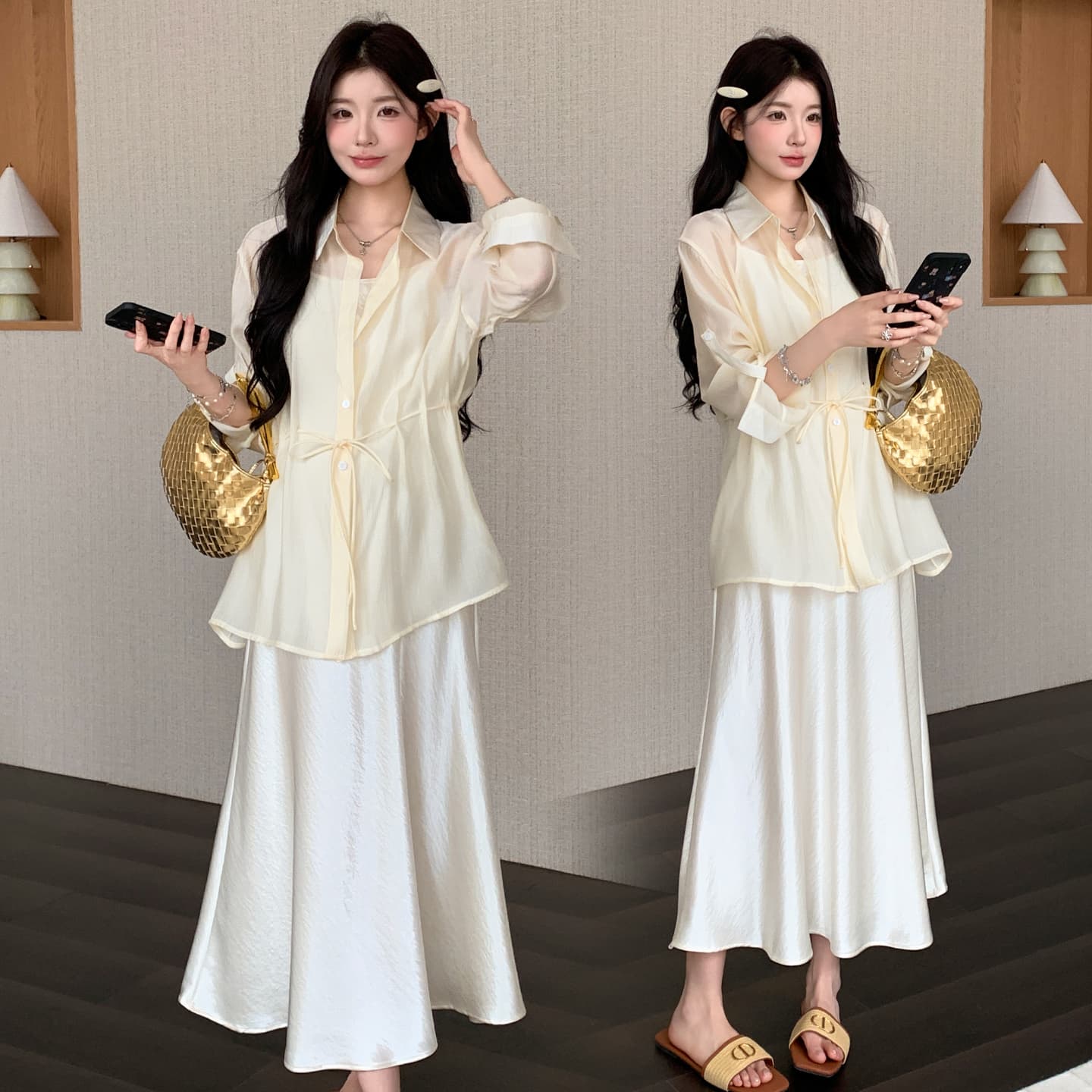 지금 실사 여름 프랑스식 자외선 차단 펌프 로프 셔츠 슬립 치마 세트 이미지 5