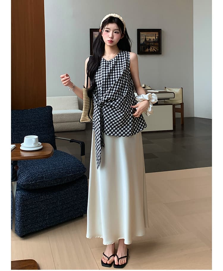 지금 실사 여름 한 부서 루즈핏 측면 레이스업 디자인 체크무늬 맨위 복부 지지 반 스커트 세트 상세 이미지 9