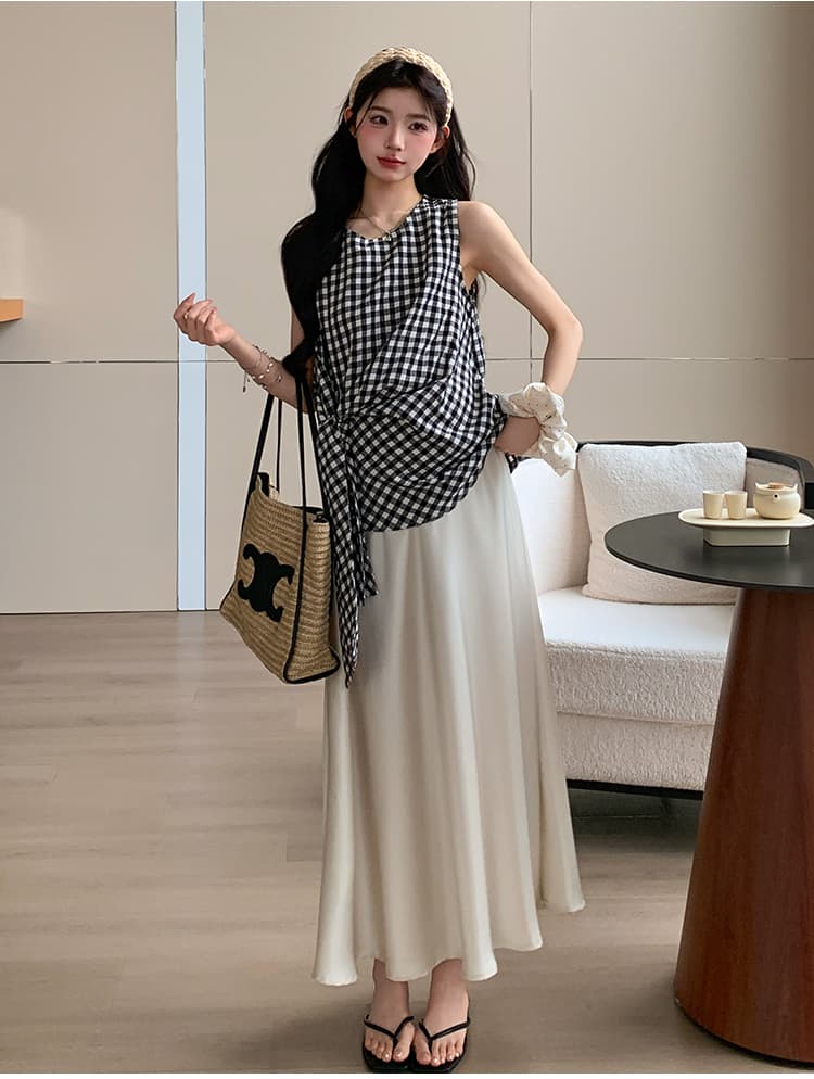 지금 실사 여름 한 부서 루즈핏 측면 레이스업 디자인 체크무늬 맨위 복부 지지 반 스커트 세트 상세 이미지 19