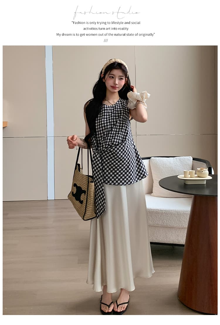 지금 실사 여름 한 부서 루즈핏 측면 레이스업 디자인 체크무늬 맨위 복부 지지 반 스커트 세트 상세 이미지 20