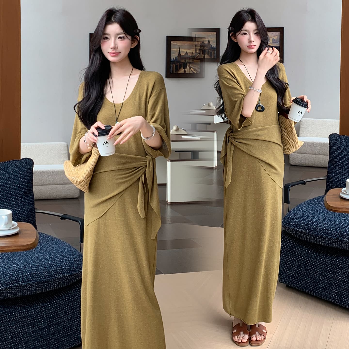 지금 실사 여름 한 부서 u 칼라 캐주얼 드레스 숄 투피스 슈트 이미지 4