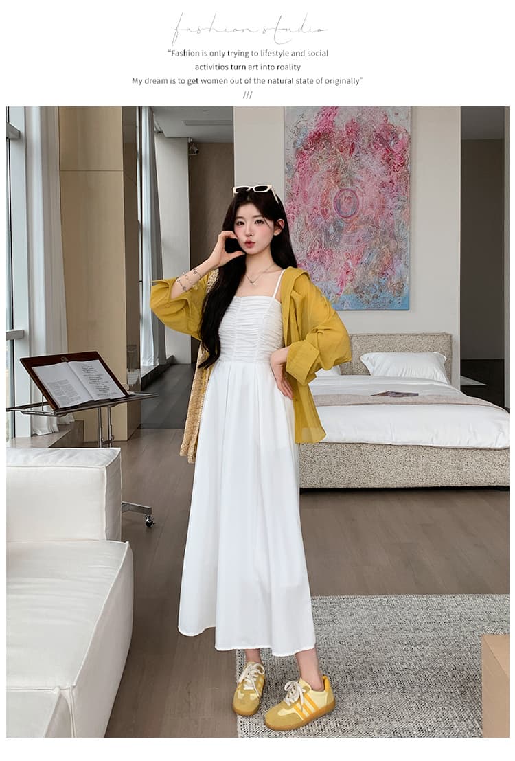 지금 실사 여름 한 부서 주름 밴딩 드레스 자외선 차단 오픈 가디건 투피스 슈트 상세 이미지 18