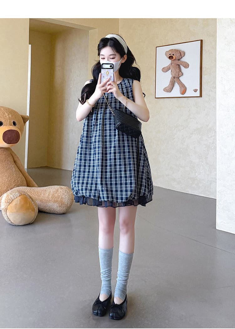 지금 실사 여름 한 부서 레트로 체크무늬 민소매 루즈핏 연령 감소 꽃밭 드레스 상세 이미지 16
