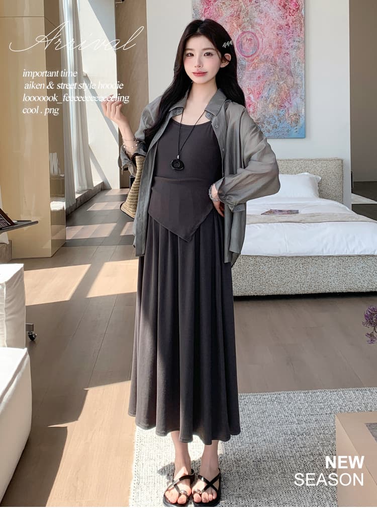 지금 실사 여름 프랑스식 느긋한 바람 디자인 트임 셔츠 페이크 레이어드 슬립 점프 슈트 치마 세트 상세 이미지 1