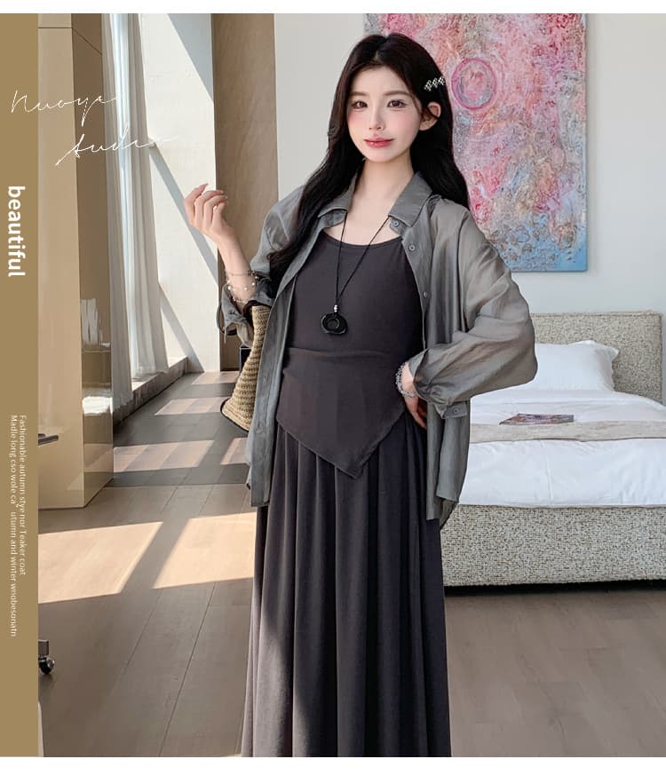 지금 실사 여름 프랑스식 느긋한 바람 디자인 트임 셔츠 페이크 레이어드 슬립 점프 슈트 치마 세트 상세 이미지 5