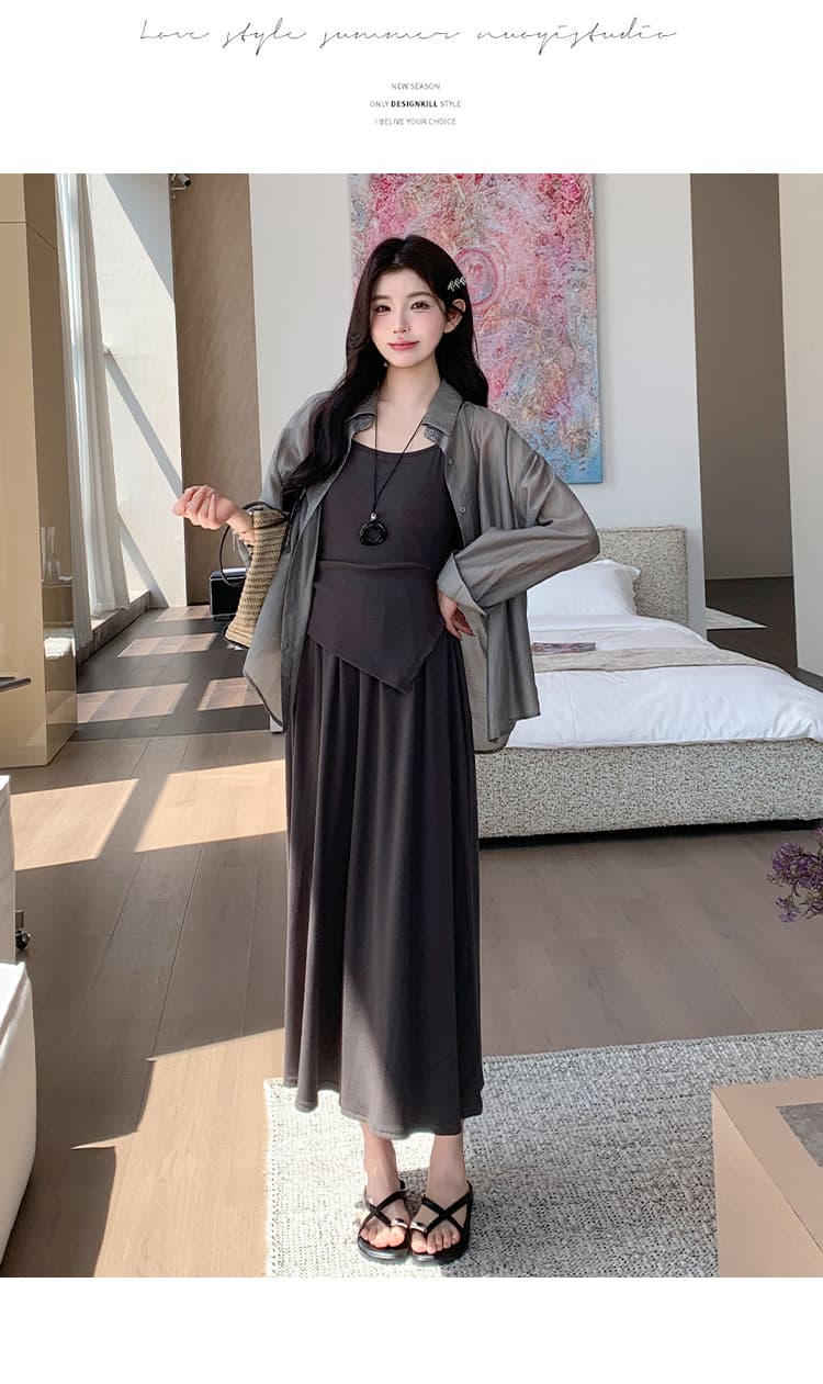 지금 실사 여름 프랑스식 느긋한 바람 디자인 트임 셔츠 페이크 레이어드 슬립 점프 슈트 치마 세트 상세 이미지 14