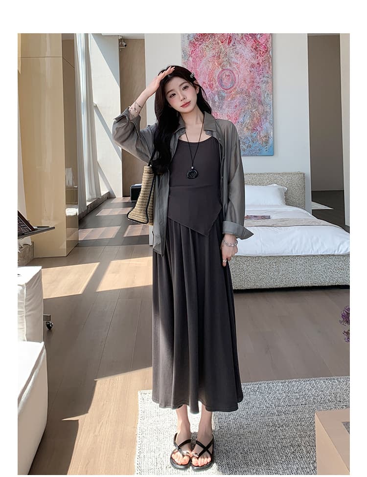 지금 실사 여름 프랑스식 느긋한 바람 디자인 트임 셔츠 페이크 레이어드 슬립 점프 슈트 치마 세트 상세 이미지 15