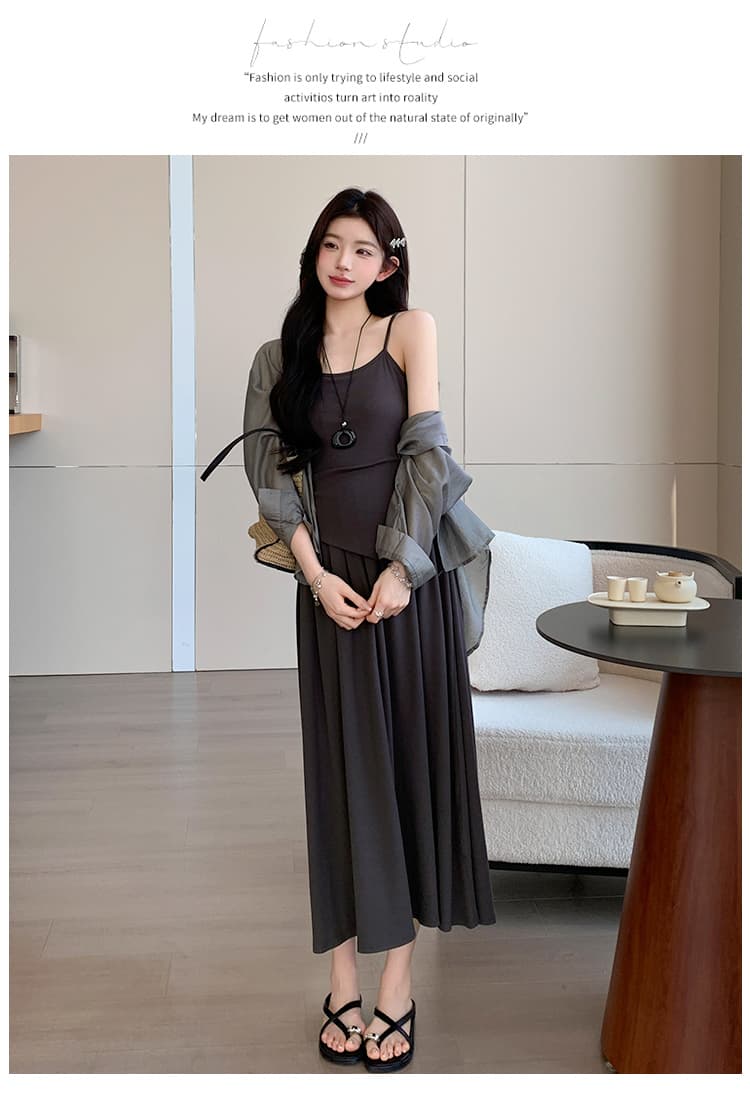 지금 실사 여름 프랑스식 느긋한 바람 디자인 트임 셔츠 페이크 레이어드 슬립 점프 슈트 치마 세트 상세 이미지 20