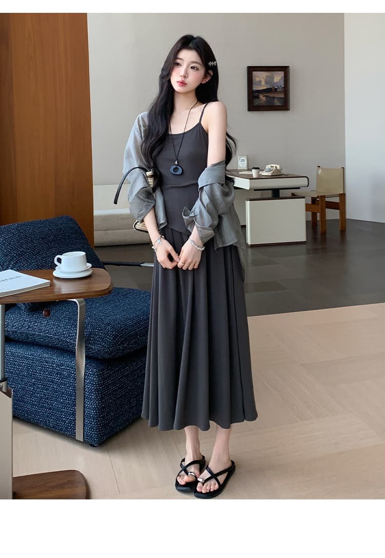 지금 실사 여름 프랑스식 느긋한 바람 디자인 트임 셔츠 페이크 레이어드 슬립 점프 슈트 치마 세트 상세 이미지 23