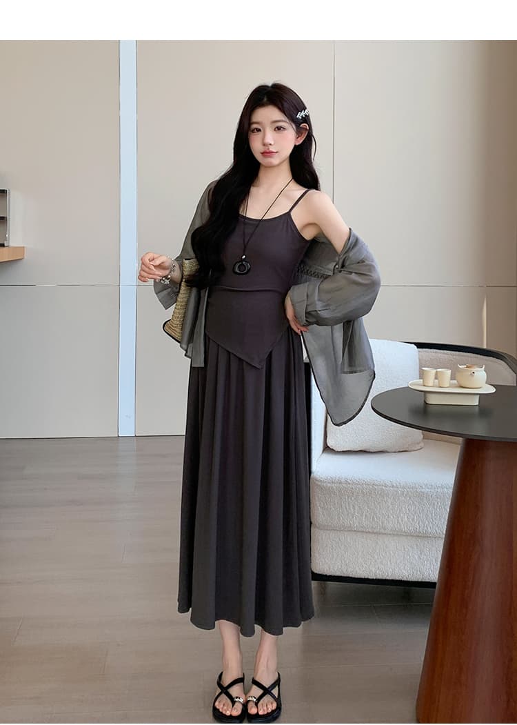 실사 여름 프랑스식 느긋한 바람 디자인 트임 셔츠 페이크 레이어드 슬립 점프 슈트 치마 세트 상세 이미지 18