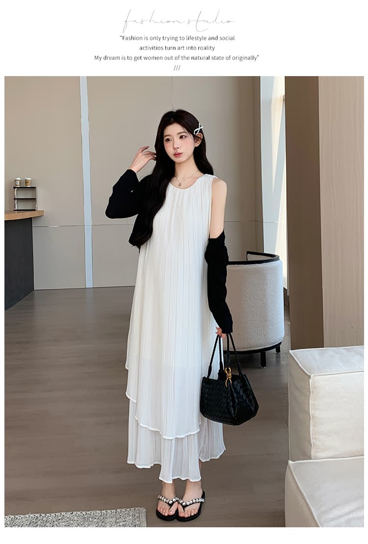 지금 실사 여름 프랑스식 페이크 레이어드 플리츠 드레스 자외선 차단 오픈 가디건 투피스 슈트 상세 이미지 20