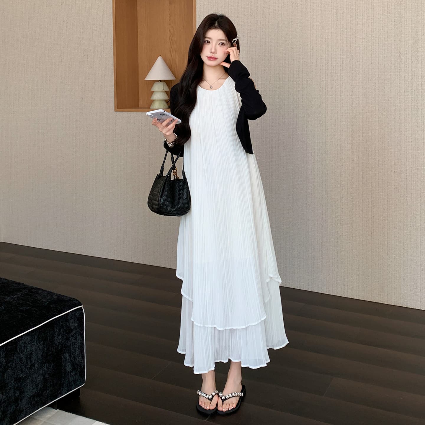 실사 여름 프랑스식 페이크 레이어드 플리츠 드레스 자외선 차단 오픈 가디건 투피스 슈트 이미지 4