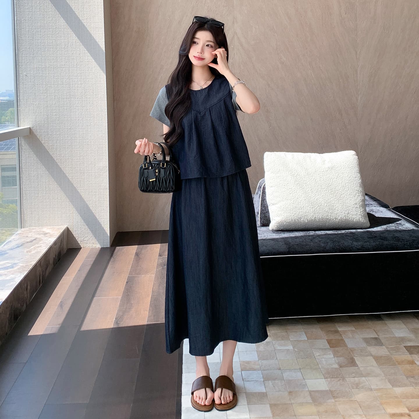 지금 실사 여름 한 부서 캐주얼 패치워크 페이크 레이어드 맨위 반 스커트 세트 이미지 3