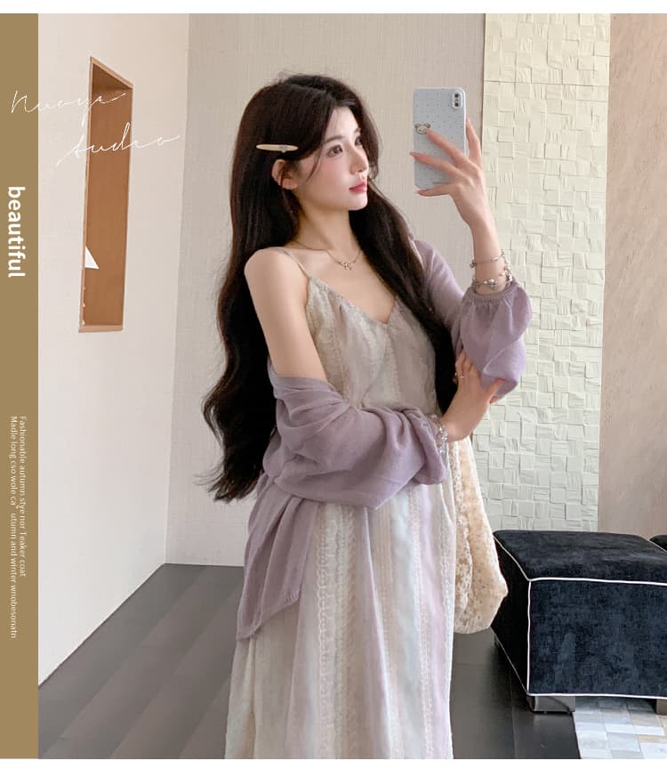 지금 실사 여름 한 부서 휴가 바람 부드러운 헤일로 염색 슬립 드레스 자외선 차단 오픈 가디건 세트 상세 이미지 5
