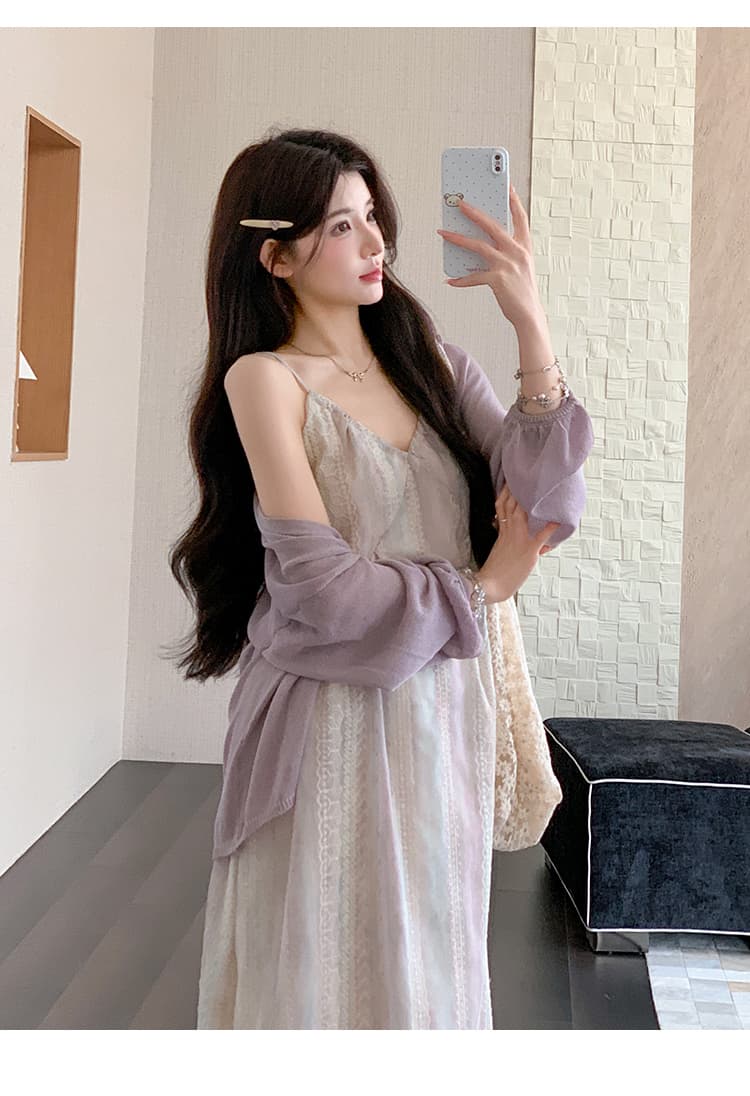 지금 실사 여름 한 부서 휴가 바람 부드러운 헤일로 염색 슬립 드레스 자외선 차단 오픈 가디건 세트 상세 이미지 11