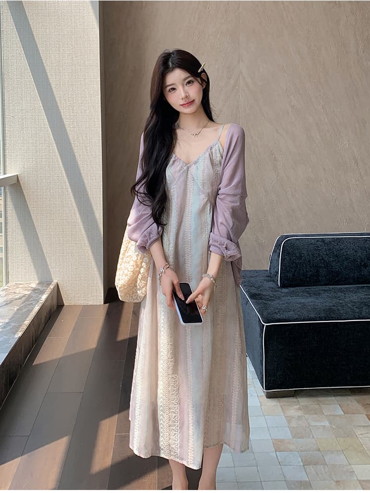 지금 실사 여름 한 부서 휴가 바람 부드러운 헤일로 염색 슬립 드레스 자외선 차단 오픈 가디건 세트 상세 이미지 13