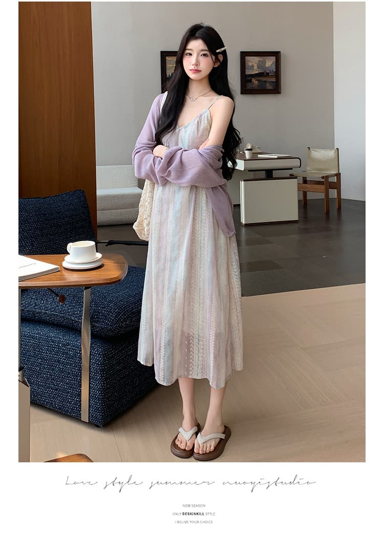 지금 실사 여름 한 부서 휴가 바람 부드러운 헤일로 염색 슬립 드레스 자외선 차단 오픈 가디건 세트 상세 이미지 22
