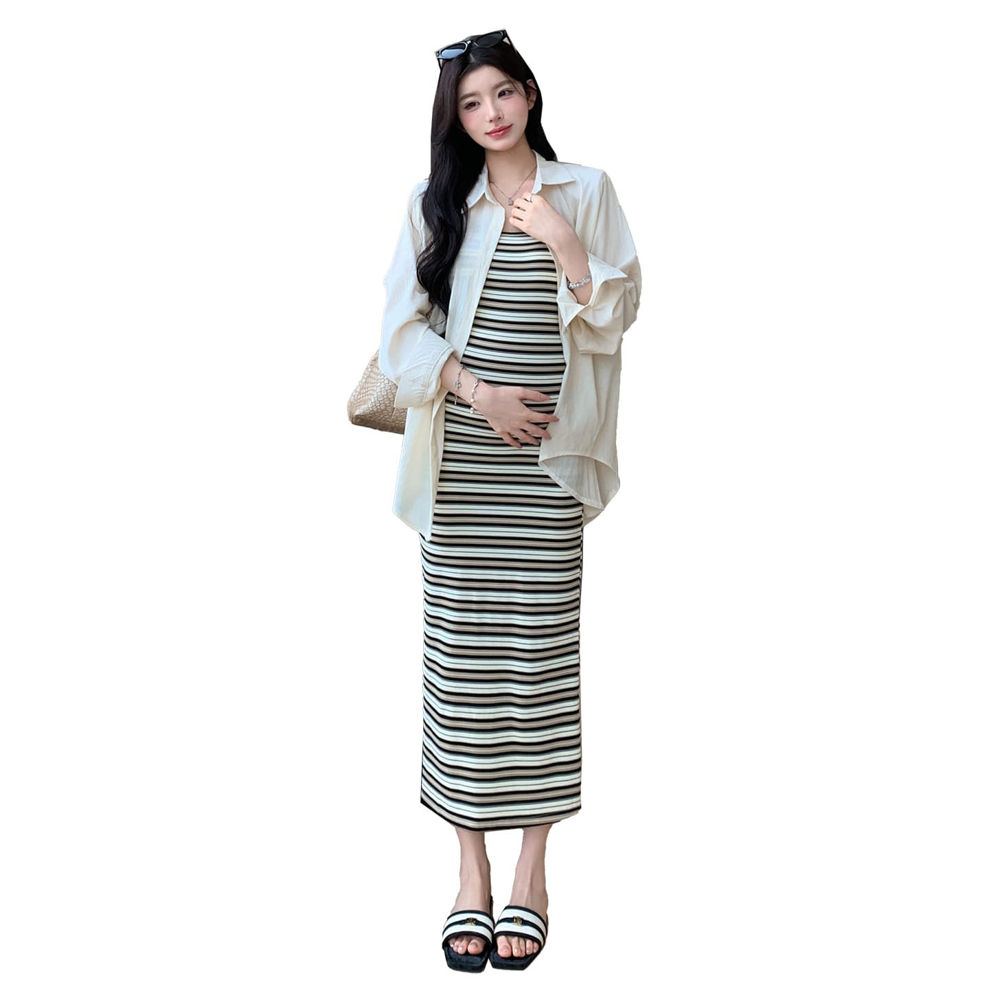 지금 실사 여름 한국 스타일 루즈핏 캐주얼 다용도 자외선 차단 셔츠 스트라이프 슬립 치마 세트 이미지 6