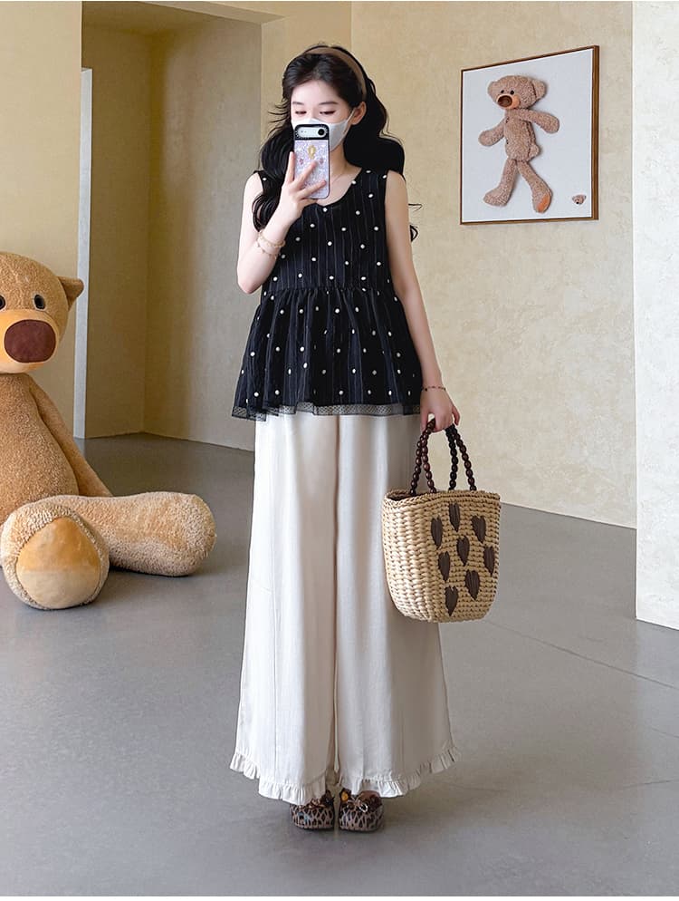 지금 지금 실사 여름 한 부서 도트 무늬 V넥 다용도 프릴 인형 셔츠 프릴 와이드 레그 팬츠 세트 상세 이미지 17