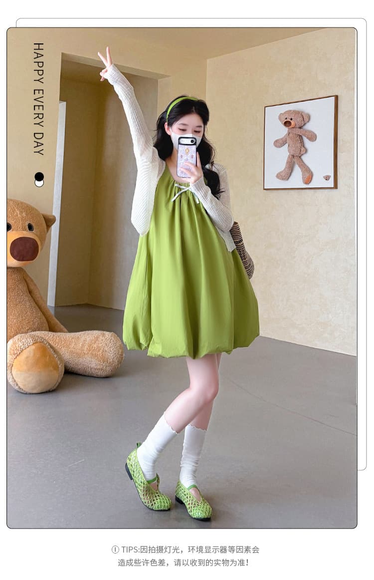 지금 실사 여름 아메리칸 레트로 나비 매듭 녹색 꽃밭 치마 자외선 차단 오픈 가디건 투피스 세트 세트 상세 이미지 4