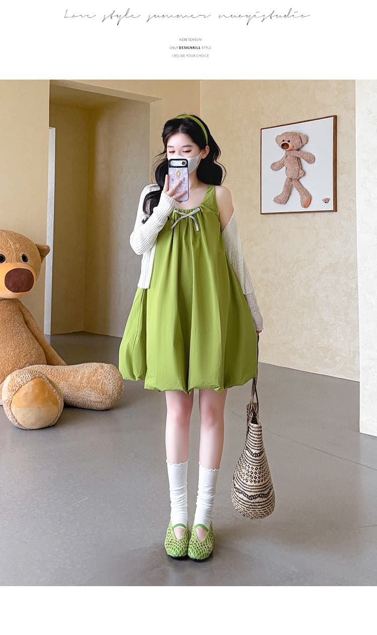 지금 실사 여름 아메리칸 레트로 나비 매듭 녹색 꽃밭 치마 자외선 차단 오픈 가디건 투피스 세트 세트 상세 이미지 14