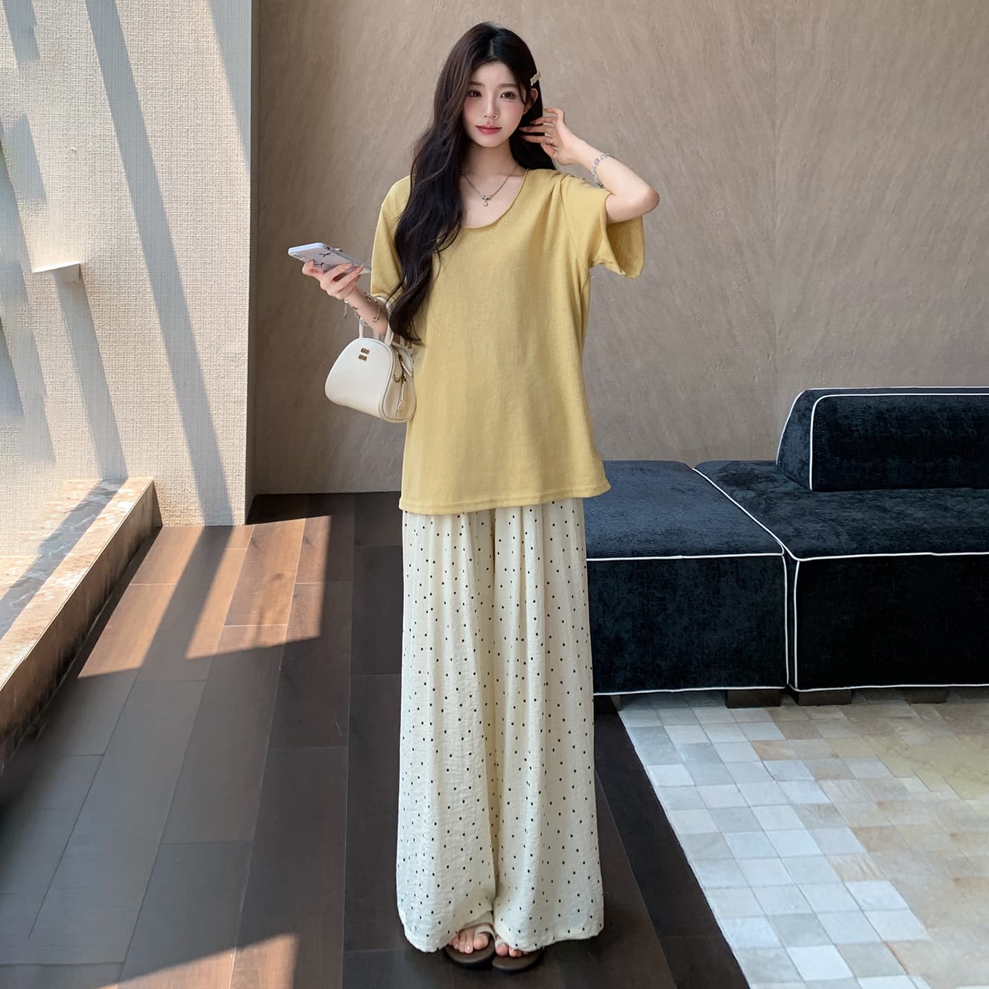 지금 실사 여름 한 부서 미니멀리즘 대 에디션 t 맨위 도트 무늬 면 린넨 와이드 레그 팬츠 세트 이미지 3