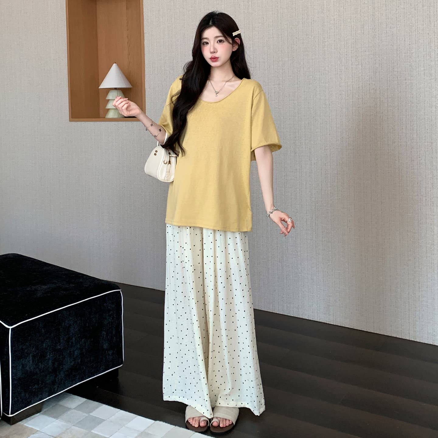 지금 실사 여름 한 부서 미니멀리즘 대 에디션 t 맨위 도트 무늬 면 린넨 와이드 레그 팬츠 세트 이미지 5