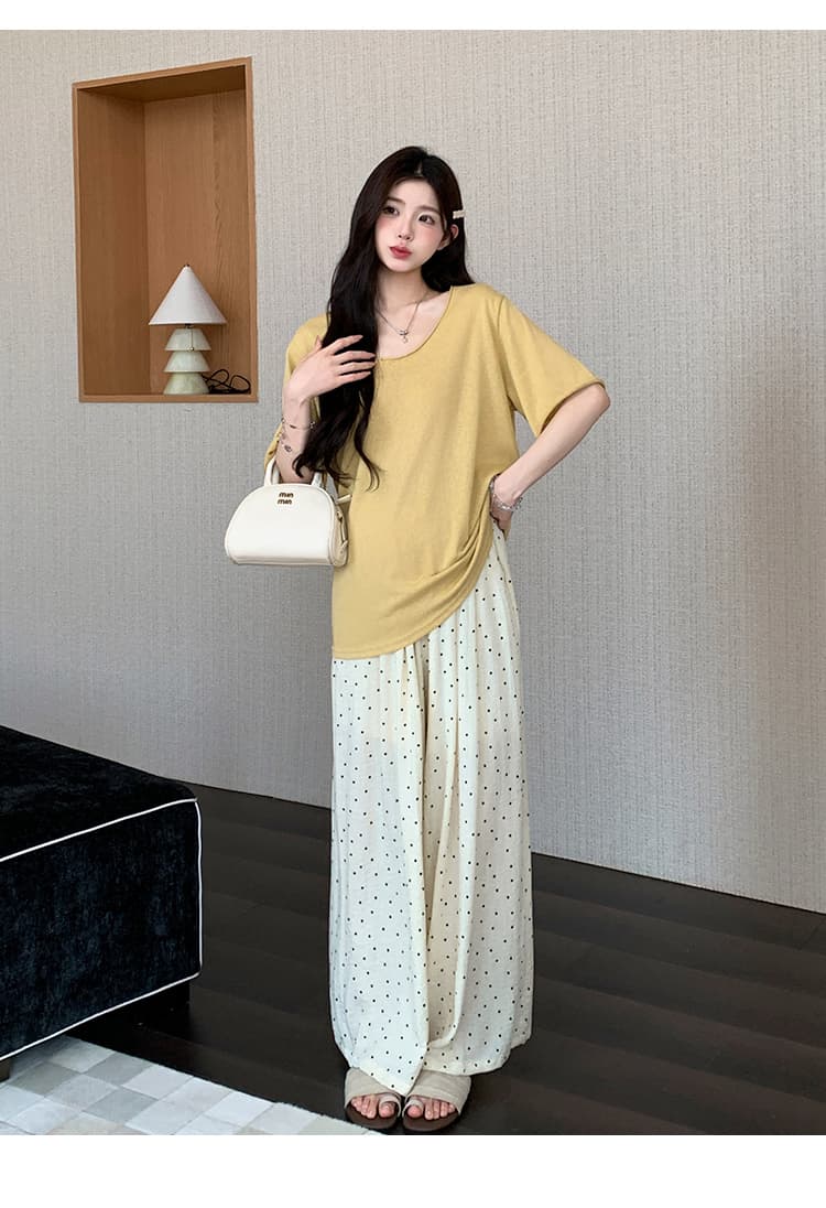 지금 실사 여름 한 부서 미니멀리즘 대 에디션 t 맨위 도트 무늬 면 린넨 와이드 레그 팬츠 세트 상세 이미지 10