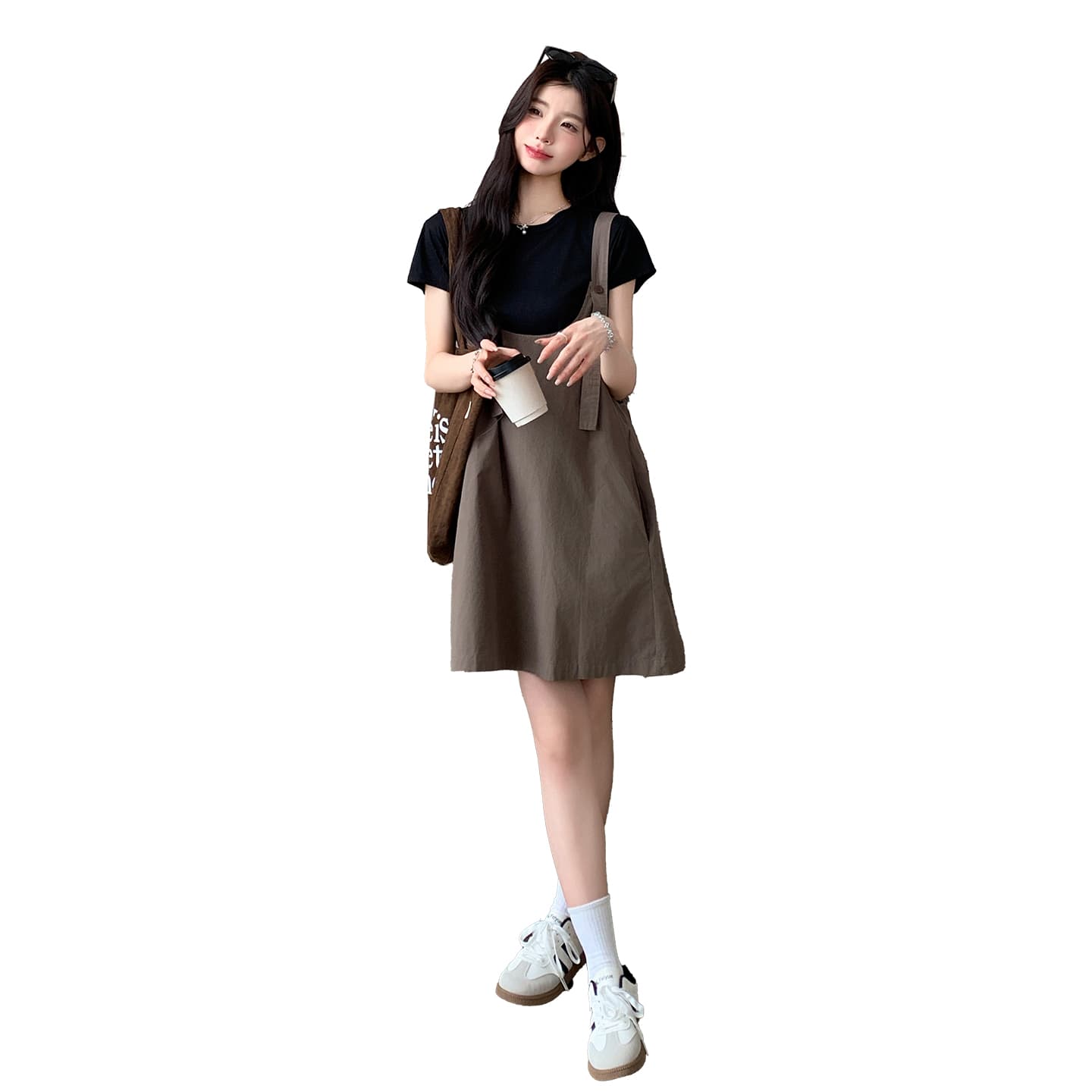 실사 여름 한국 스타일 루즈핏 느긋한 캐주얼 연령 감소 멜빵 스커트 티셔츠 세트 이미지 6