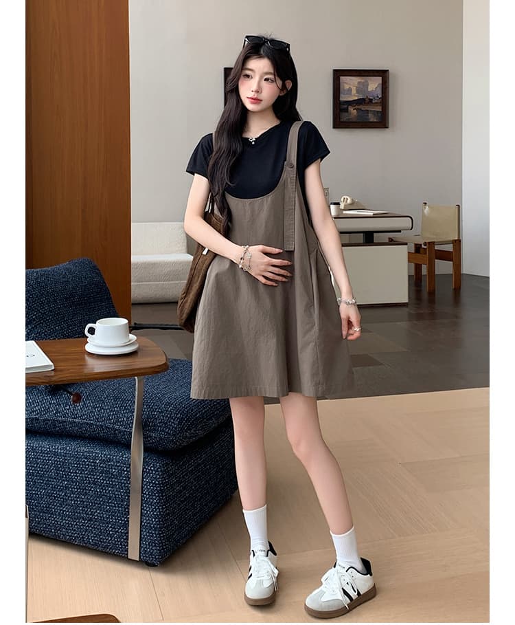 실사 여름 한국 스타일 루즈핏 느긋한 캐주얼 연령 감소 멜빵 스커트 티셔츠 세트 상세 이미지 8