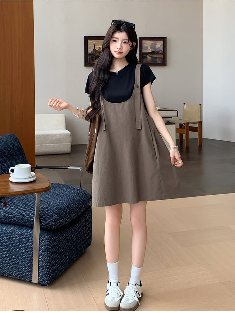 실사 여름 한국 스타일 루즈핏 느긋한 캐주얼 연령 감소 멜빵 스커트 티셔츠 세트 상세 이미지 12