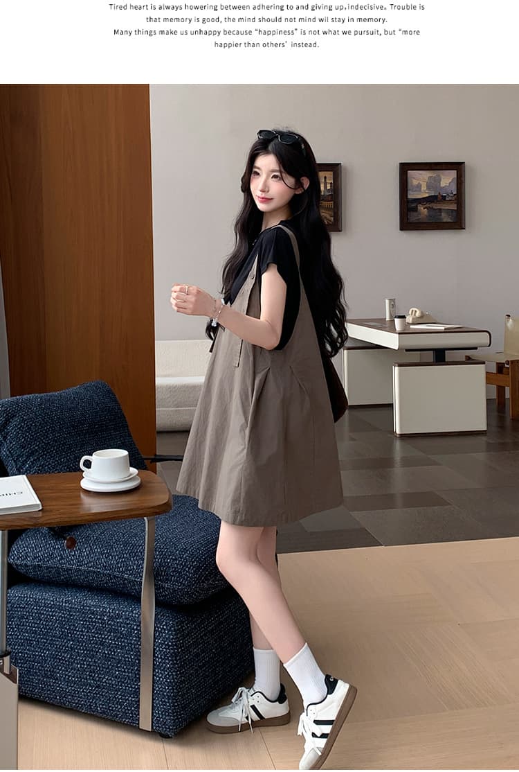 실사 여름 한국 스타일 루즈핏 느긋한 캐주얼 연령 감소 멜빵 스커트 티셔츠 세트 상세 이미지 11