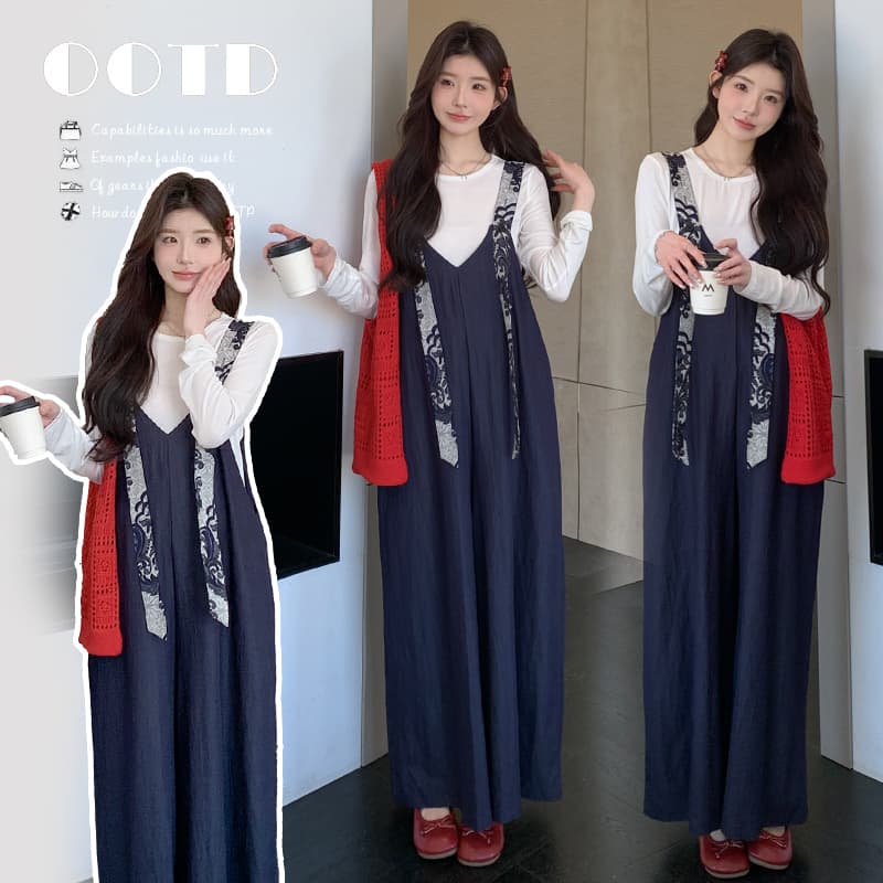 실사 지금 이른 가을 달콤함 프린트 넓은 다리 멜빵 바지 맨위 투피스 세트 세트 이미지 2
