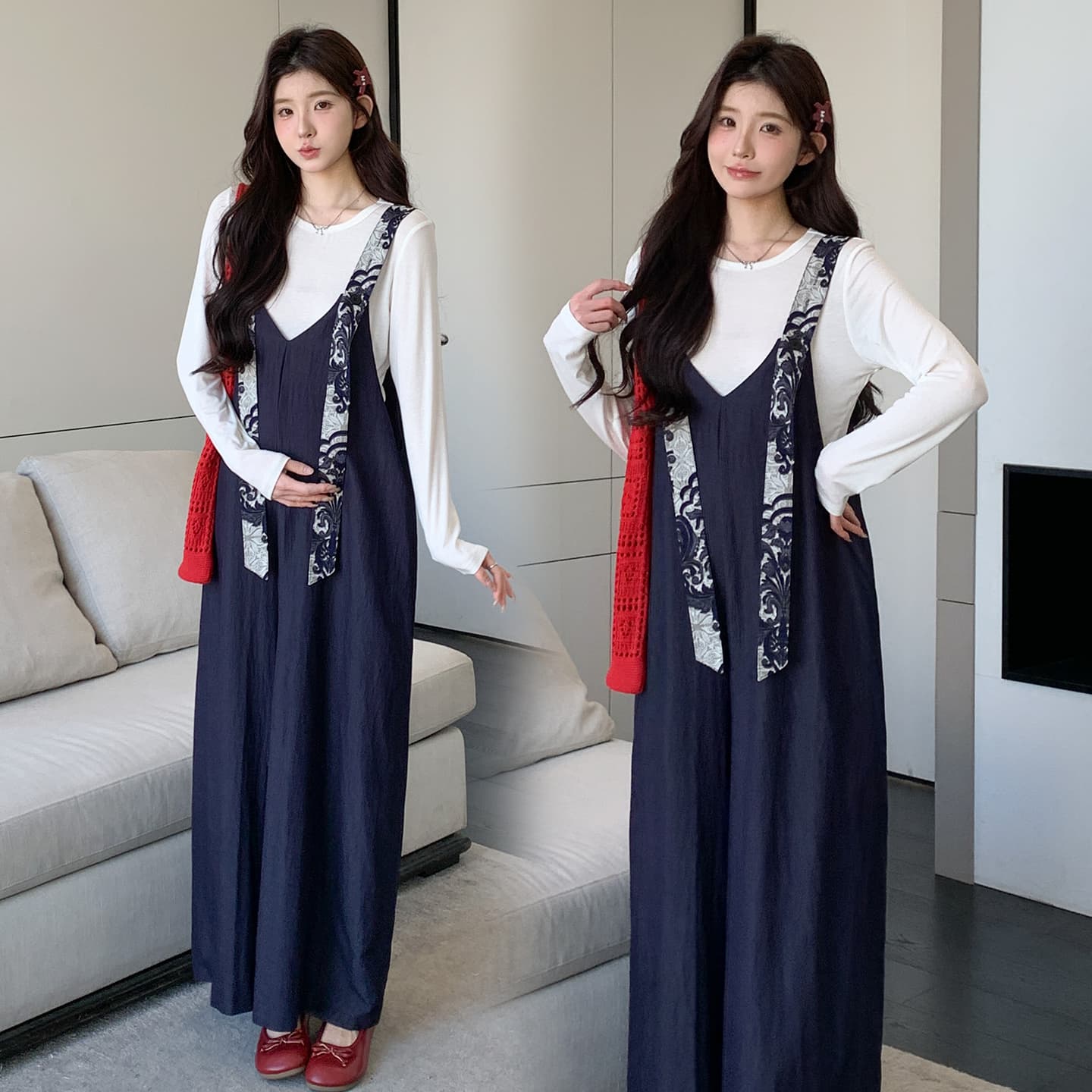 실사 지금 이른 가을 달콤함 프린트 넓은 다리 멜빵 바지 맨위 투피스 세트 세트 이미지 4