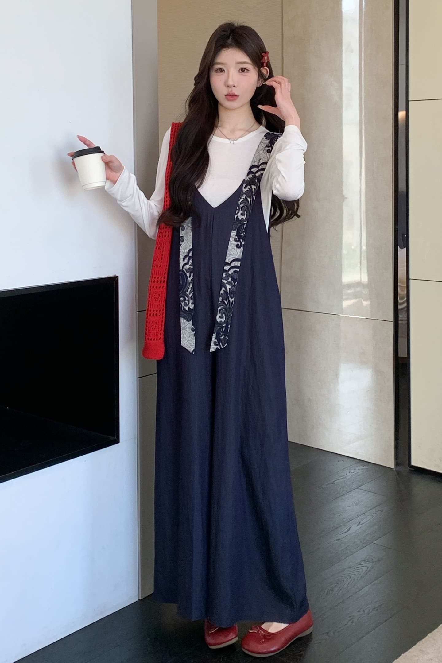 실사 지금 이른 가을 달콤함 프린트 넓은 다리 멜빵 바지 맨위 투피스 세트 세트 이미지 7