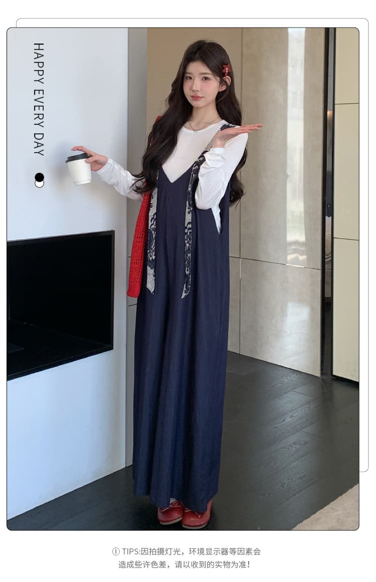 실사 지금 이른 가을 달콤함 프린트 넓은 다리 멜빵 바지 맨위 투피스 세트 세트 상세 이미지 4