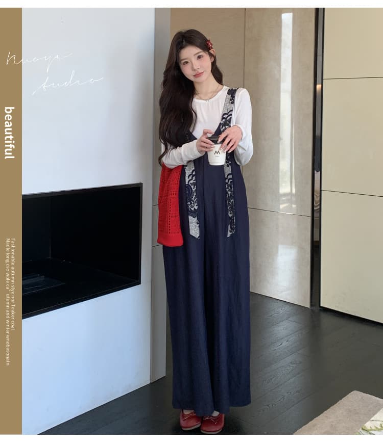 실사 지금 이른 가을 달콤함 프린트 넓은 다리 멜빵 바지 맨위 투피스 세트 세트 상세 이미지 5