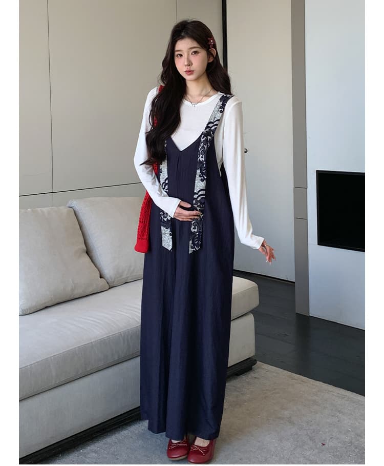실사 지금 이른 가을 달콤함 프린트 넓은 다리 멜빵 바지 맨위 투피스 세트 세트 상세 이미지 9