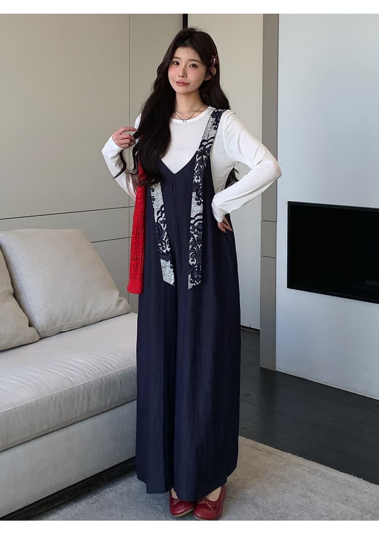 실사 지금 이른 가을 달콤함 프린트 넓은 다리 멜빵 바지 맨위 투피스 세트 세트 상세 이미지 11