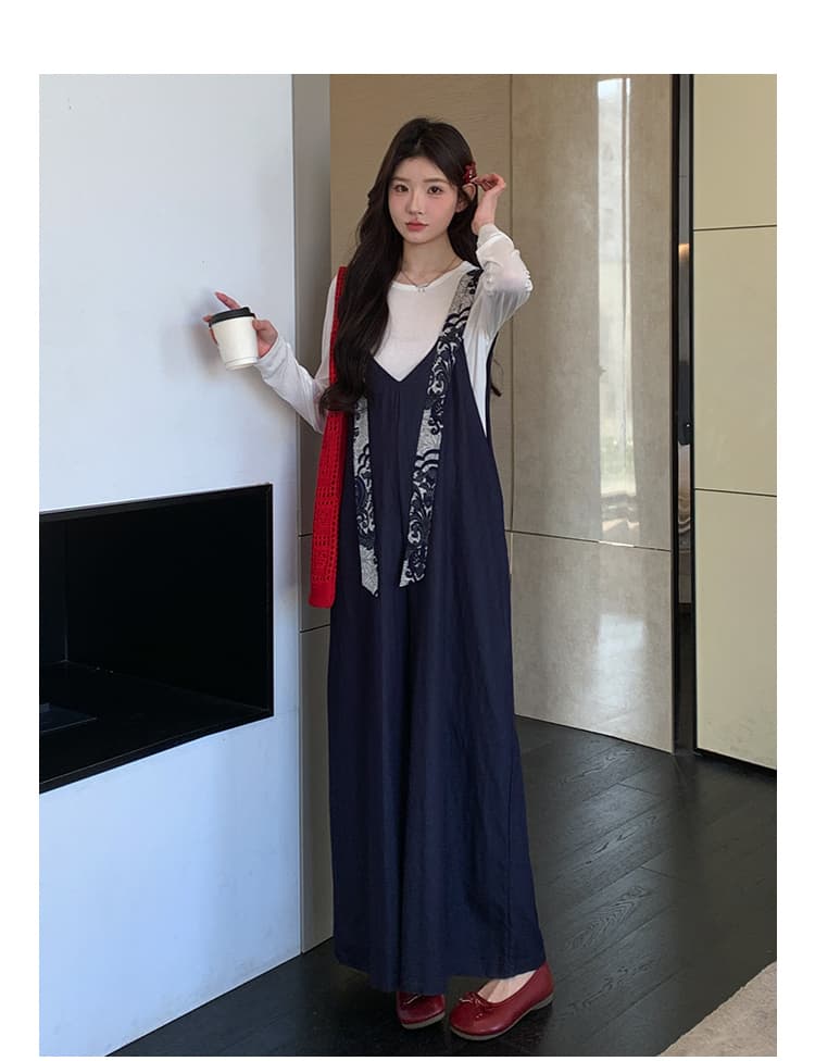 실사 지금 이른 가을 달콤함 프린트 넓은 다리 멜빵 바지 맨위 투피스 세트 세트 상세 이미지 15